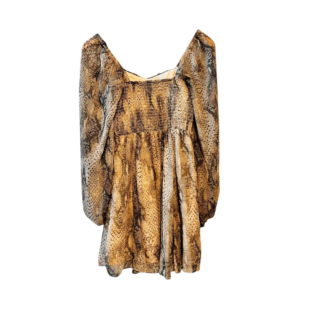 Express Snake Print Smocked Long Sleeve Dress Size XS NWT Brown - Picture 3 of 9